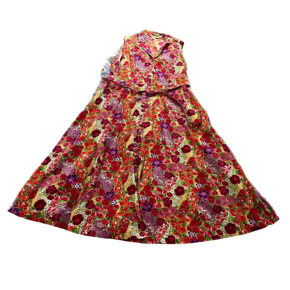 April Cornell Womens XXL Red Purple Floral Button Sleeveless Midi Dress Belt